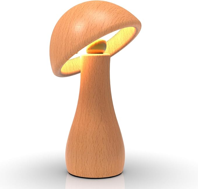 Wooden Mushroom Lamp, Portable Cordless Touch Switch Rechargeable Battery Operated Lamp,Stepless Dimming, 360 Degree Rotation Angle Adjustable，Night Light for Birthday Gifts