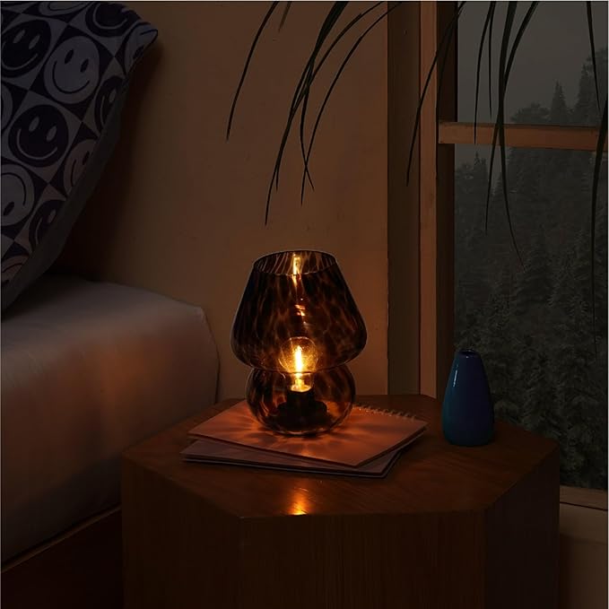 Urban Lifestyle 8" Brown Tortoise Glass Mushroom Lamp, Modern Retro Table Lamp for Bedroom, Living Room, or Office Décor,Battery Powered