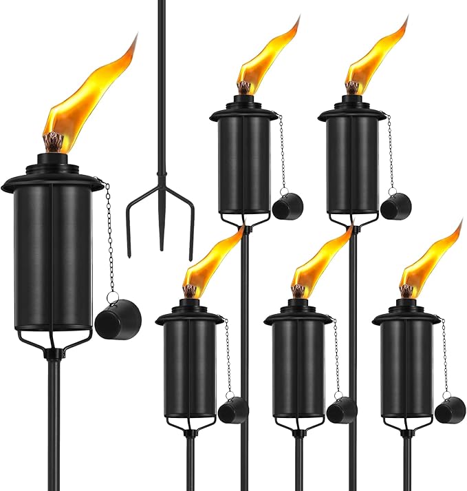 Home Garden Torch Set of 6, 16oz Outdoor Metal Torch Garden Décor, 59-Inch Upgraded Citronella Torches with 3-Prong Grounded Stake, Metal Light Torches for Party Patio Pathway
