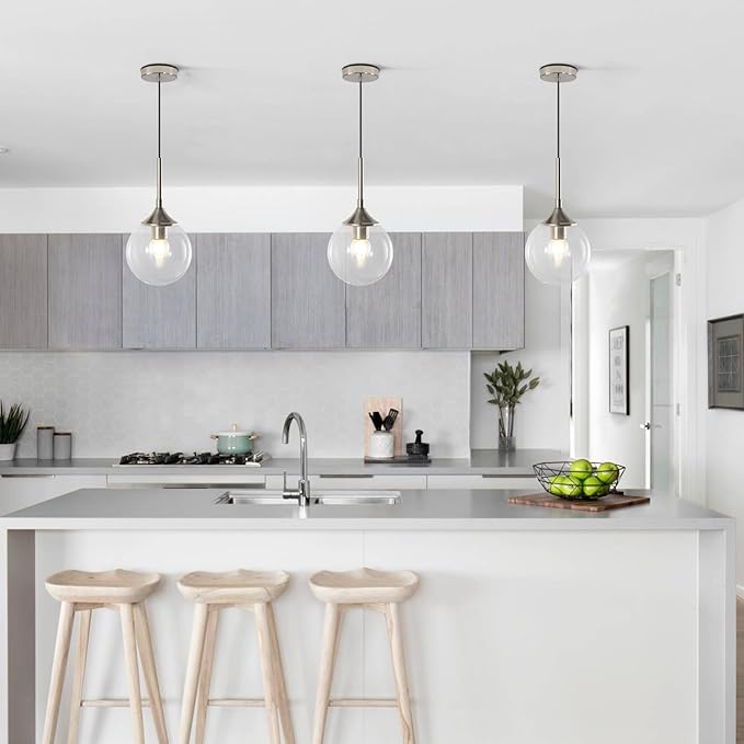 KCO Lighting 7.1” Glass Globe Pendant Light Brushed Nickel Ceiling Light Fixture Mid Century Modern Pendant Lights Kitchen Island Small Bubble Glass Pendant Light