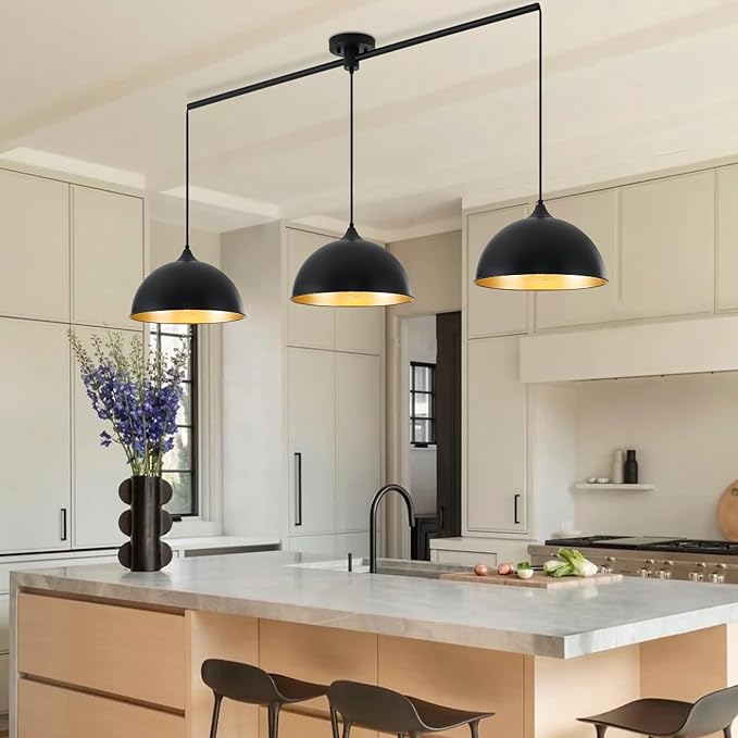 Pendant Lights Kitchen Island, 3-Pack Dome Pendant Light Fixtures with Black and Gold Finish Farmhouse Industrial Hanging Pendant Light for Dining Room Restaurant Cafe Entryway