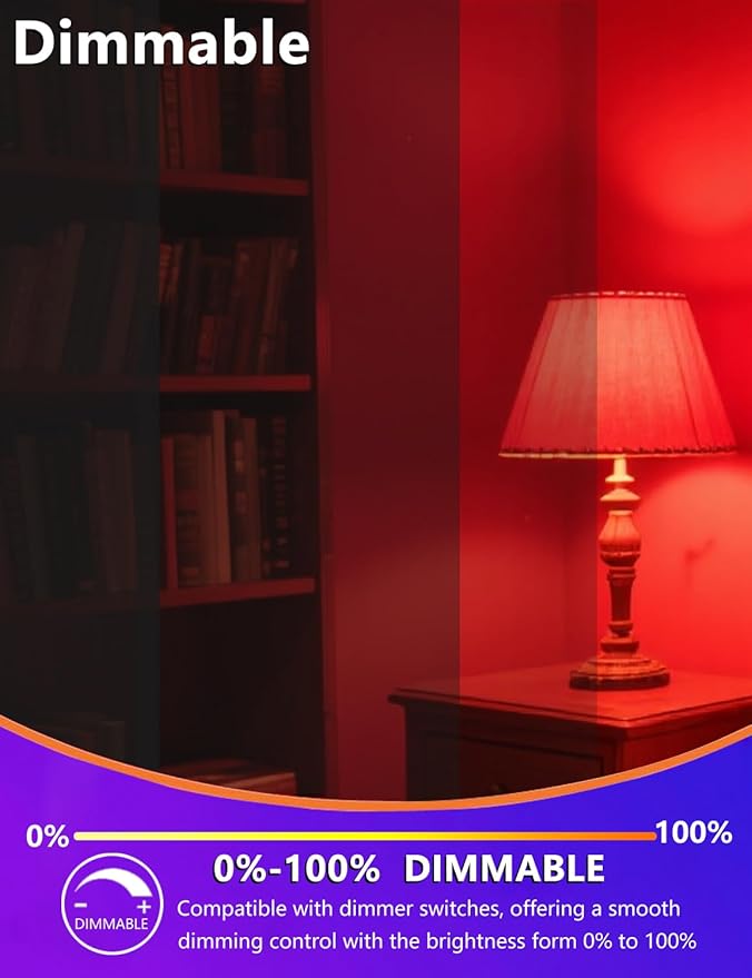 630nm Red Light Bulb for Sleep Dimmable, 100% Blue Light Blocking, Promotes Melatonin Production, E26 A15 LED 5W Red Dim Night Light for Baby's Bedroom, Sleeping, 6Pack