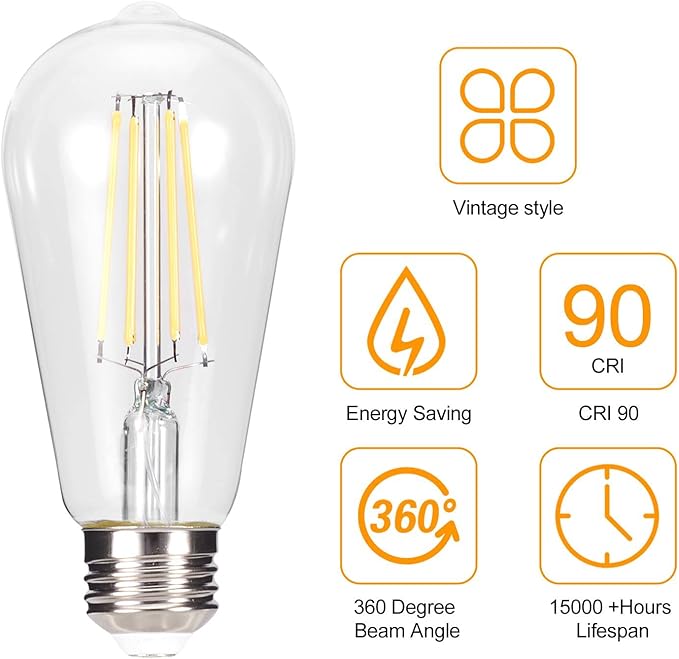 truestory Dimmable Vintage LED Edison Bulbs, 5W, Equivalent 50W, 450lm, Warm White 2700K, ST19(ST58) LED Filament Bulbs, E26 Medium Base, Clear Glass, Pack of 6 (Warm Light)
