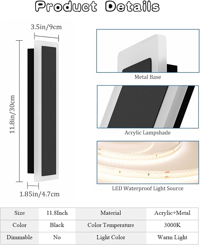 2 Pack 11.8in Modern Outdoor Wall Light Black Exterior Wall Sconces IP65 Waterproof 3000K Long Linear Wall Sconces for House Porch Entrance