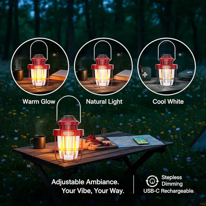 HOMY Vintage Camping Lantern Premium Metal LED Rechargeable Dimmable Warm Light for Glamping, Patio, Home Decor Retro Portable Tent Lamp