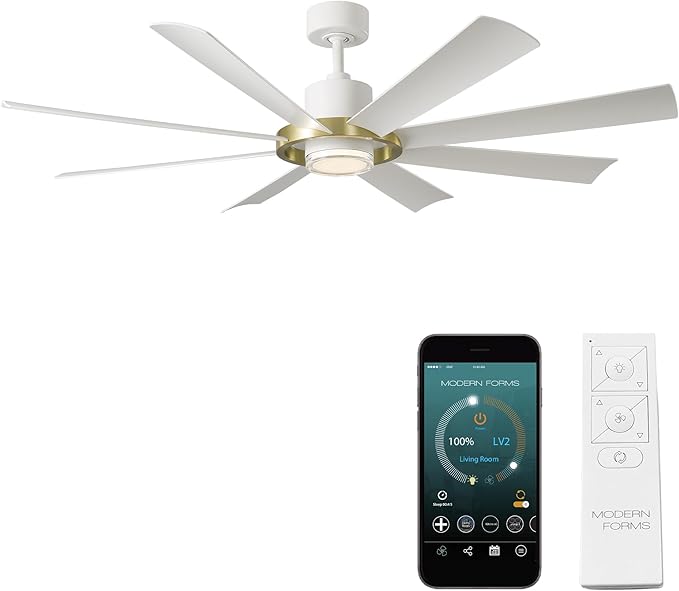 Modern Forms Aura Indoor and Outdoor 8-Blade 60in Smart Ceiling Fan in Matte White Soft Brass Ring with 2700K-3000K-4000K-5000K Selectable LED Light Kit and Remote Control works App