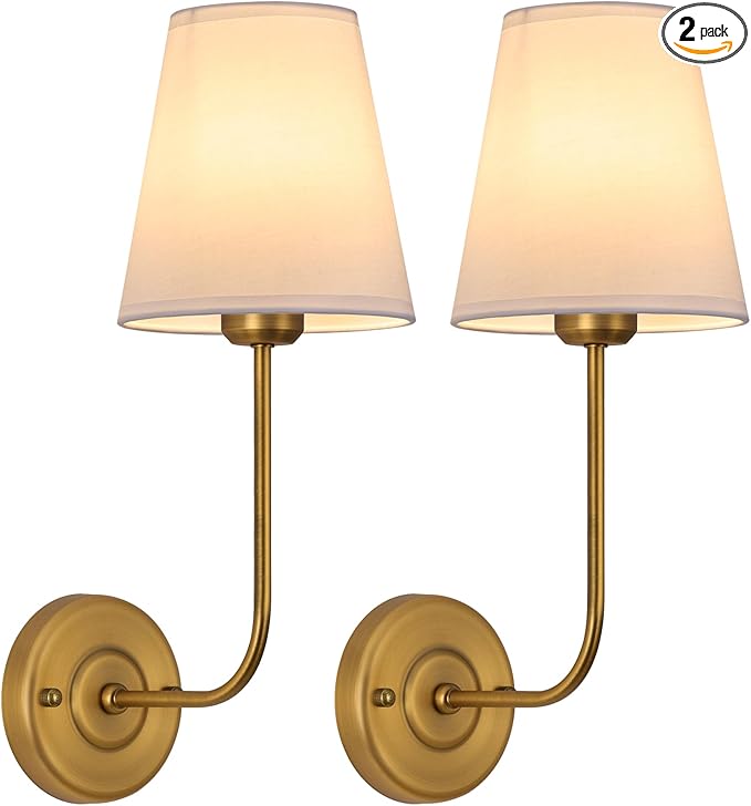 TERLEENART Hardwired Wall Sconce Set of 2 with Flared Shape White Textile Shade Curved Arm and Antique Brass Finish Metal Base,Perfect for Bedroom Living Room Bathroom Vanity Area