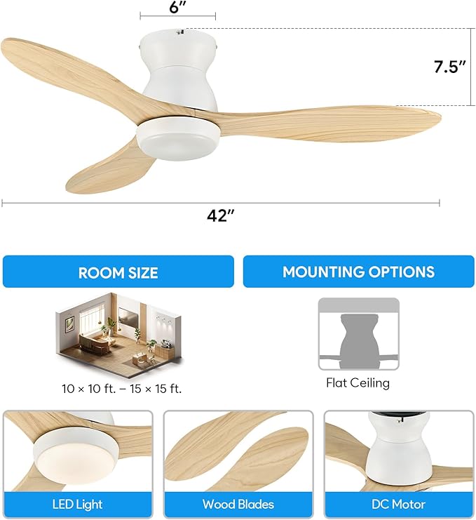 VONLUCE Ceiling Fans with Lights, 42 Inch Ceiling Fan and Remote, 6-Speeds Noiseless Reversible DC Motor, 3CCT, Wood Ceiling Fan for Farmhouse Bedroom Indoor Outdoor, White