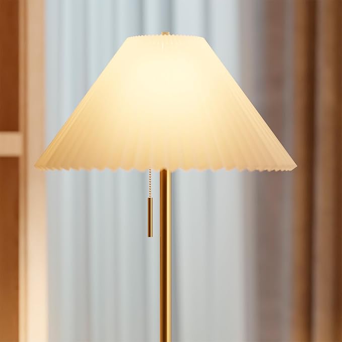 Globe Electric 61000176 62" Floor Lamp, Brass Finish, Metal, Pleated Fabric Shade, Flat Base, Pull Chain Switch on Socket, Reading Light, Office Accessories, House Decor