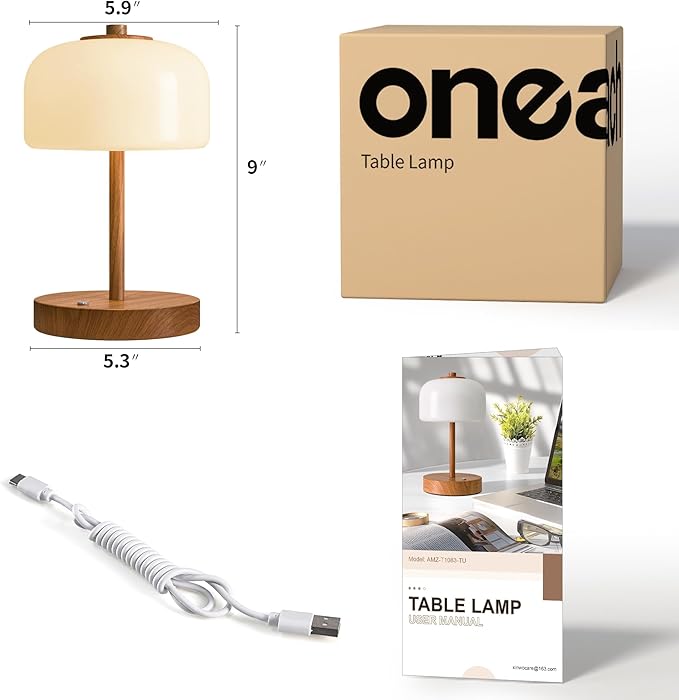 Oneach 9" Cordless Table Lamp, Wood Grain Rechargeable Battery Operated Lamp, 3-Way Stepless Dimming Touch Lamps, Small Glass Bedside Nightstand Light for Bedroom Dining Table Living Room Shelf Decor