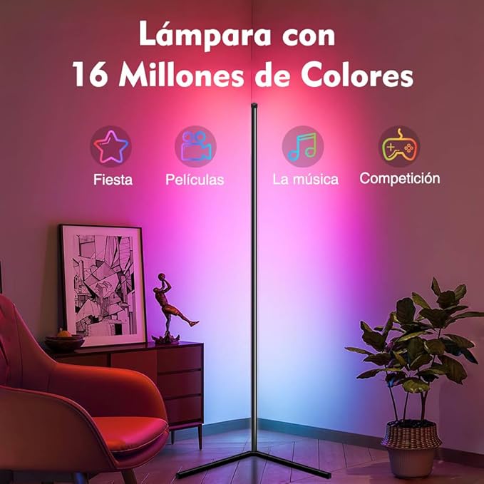 YHW RGB Corner Floor Lamp, Smart App and Remote Control Color Changing Ambience Light Music Sync, LED Lamp with 16 Million Colors for Bedroom, Living Room Gaming Room.