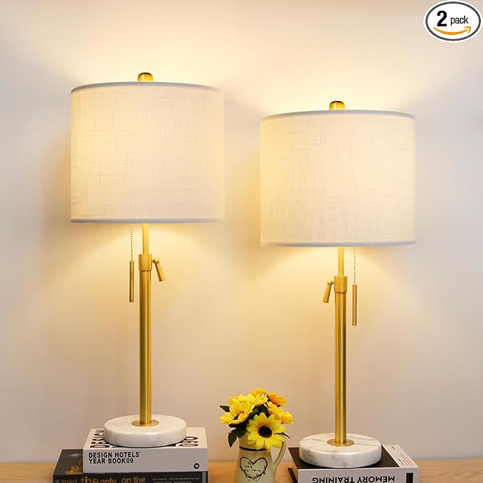 Gold Table Lamp Set of 2, 22-30" Height Adjustable Modern Nightstand Lamps with Marble Base and Pull Chain Switch for Living Room Bedroom, Office, Bedside Table, Farmhouse