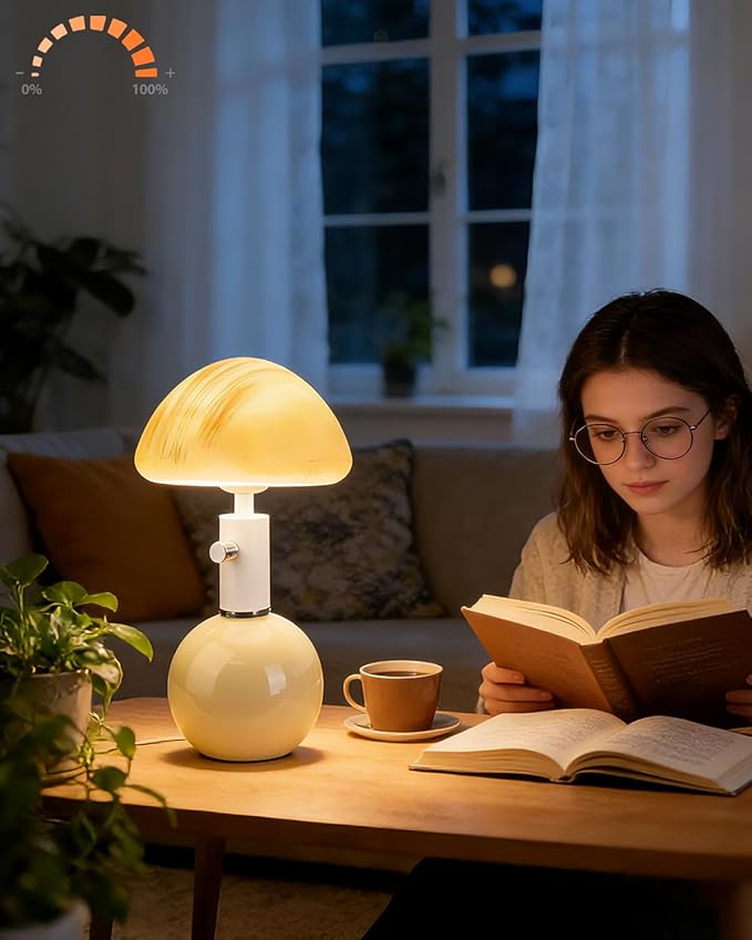 Lightdot Mid Century Modern Stepless Dimmable Table Lamp Ceramic 3000K Warmwhite Desk Lamp with Mushroom-Shaped Shade for Living Room Bedroom Bedside Nightstand Office Home Reading