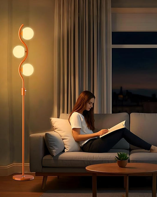 Lightdot 3-Globe Dimmable Floor Lamp Orange Mid Century Modern Standing Lamp with 3PCS 3000K Bulbs Included Stepless Brightness Adjustable Stable Base for Living Room/Bedroom/Sofa Beside/Corner Decor