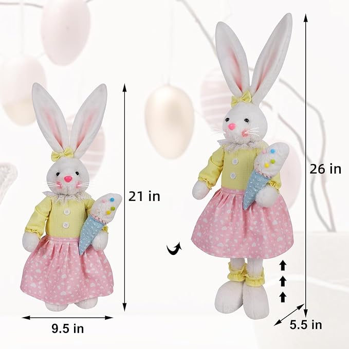 Glintoper 2 Pack Easter Decorations Standing Bunny with Stretchable Legs, 21" to 26" White Rabbits Couple Figurine, Party Favor Photo Props Gifts for Office Kitchen Farmhouse Front Door Spring Home