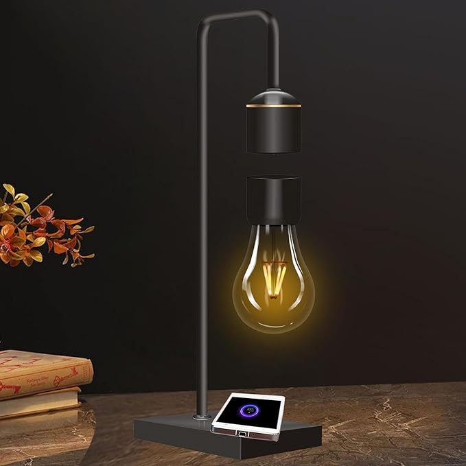 Magnetic Levitating Light Bulb with Luxury Wireless Charging Pad (Apple/Android) Levitation Plastic Black Floating Table Lamp White LED Night Light for Bedrooms Desk Toys Office Gifts