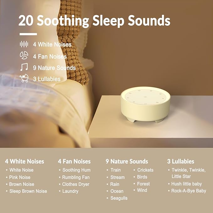 White Noise Machine for Baby and Adults, 20 Soothing Sleep Sounds, Custom Shortcut Buttons, Warm Night Light, 8 Hour Timer, Touch Control, USB Powered Sound Machine for Nursery Bedroom & Travel