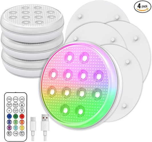 Pool Lights, Submersible LED Lights with Remote, IP68 Waterproof 16 Color Rechargeable Floating Lights, Built-in Magnet Underwater Lighting for Inground Above Ground Pool Fountain (4 Pack)