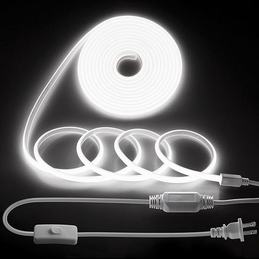 Outdoor COB LED Rope Lights Waterproof with Switch IP65 20FT/6M AC110V-120V LED Strip Light Daylight White 6000K 1728LED/6M Super Density Bright LED Tape Light Indoor for Garden Decor