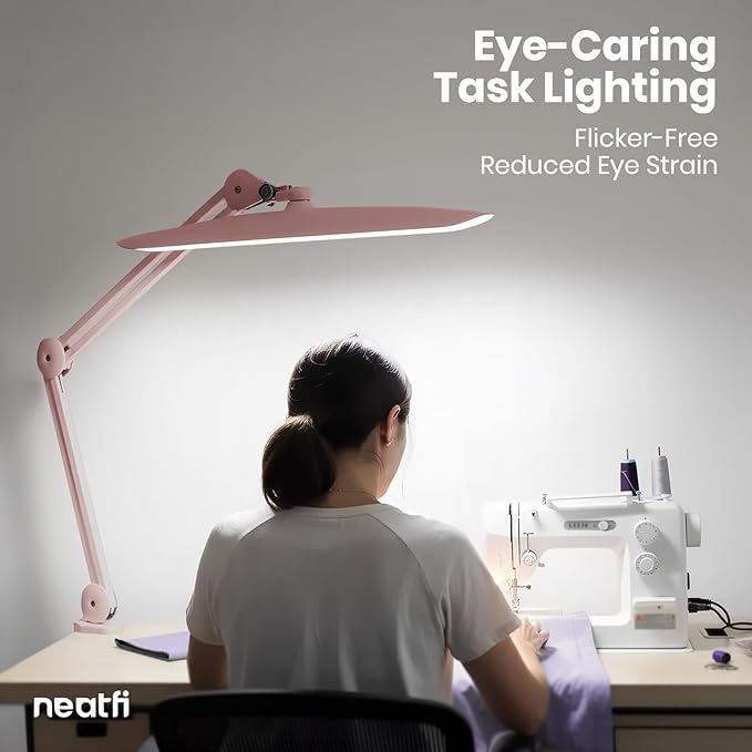 Neatfi XL 2200 Lumens 24W LED Desk Lamp with Clamp - Shadow-Free Task Lighting | 4-Level Dimming | Home Office & Crafts Use | 20-Inch Wide Head (Non-CCT, Rose Gold)