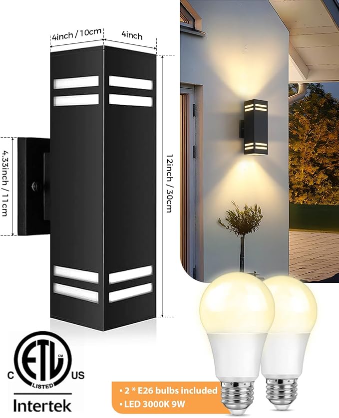 SHIMR Dusk to Dawn Outdoor Light Fixture, Modern Outdoor Wall Lights with LED Bulbs Includes, Aluminum Anti-Rust Sconce Up and Down Outside Lights for House Porch Garage Patio [ETL Listed]