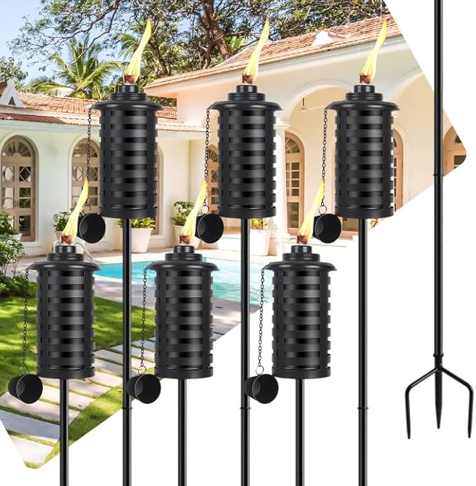 ZSZMFH 6 Pcs Metal Torch for Outside, 16 oz Outdoor Metal Torch Garden Décor,59-Inch Upgraded Citronella Torches with 3-Prong Grounded Stake, Table Top Torches for Party Patio Pathway