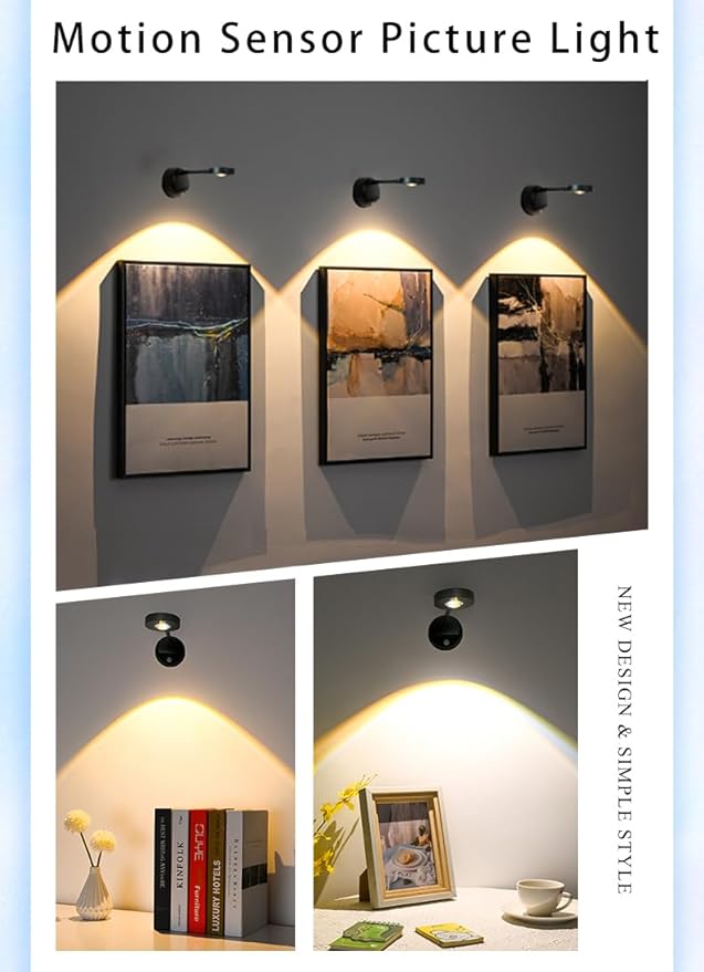 2200mAh Motion Sensor Picture Spotlight Painting Light, LED Wall Sconce, Night Light Lamp, Rechargeable Battery Operated 3 Color & Dimmable Magnetic 360° Rotation with Remote (Black, 1 Pcs)
