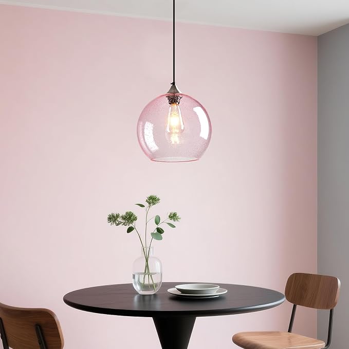 Pink Glass Pendant Lights Kitchen Island Globe Pendant Light Fixtures Modern Pendant Lighting for Bedroom Living Dining Room Light Fixture (9.84 in, 3 Pack)