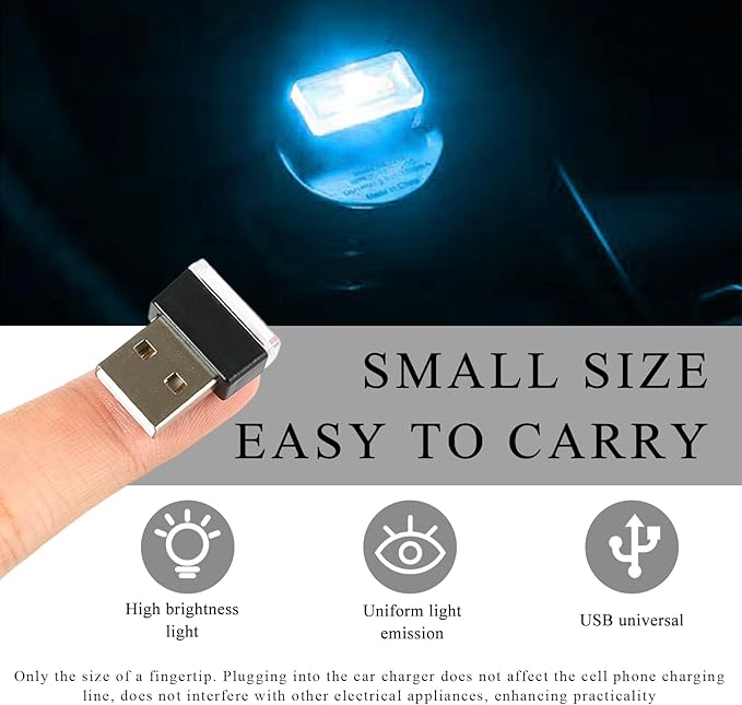 4 PCS USB LED Car Interior Atmosphere Lamp, Portable Plug-in 5V USB Car LED Interior Lighting Night Lamp, Mini USB Ambient Lighting Decor for Home Car Laptop Keyboard (Ice Blue)