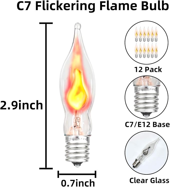12 Pack C7 Flickering Flame Light Bulbs, Clear E12 Flickering Flame Bulb, Ideal for Christmas & Halloween Candelabra Light Bulbs & String Light Replacement, 1W, 120V