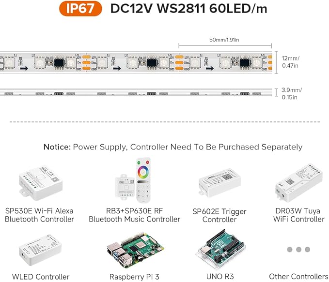 BTF-LIGHTING WS2811 IC=RGB+IC Addressable Dream Color LED Strip 16.4FT 60LEDs/m 20Pixels/m IP67 Waterproof White PCB Flexible DC12V Chasing Effect for Home Indoor Decor(No Adapter or Controller)