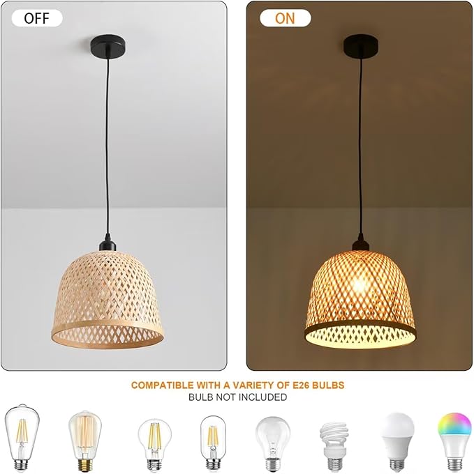 3-Pack Rattan Pendant Light,11.02 Inch Bamboo Pendant Light Fixture,Handwoven Wicker Pendant Light for Kitchen Island,Coastal Chandelier for Dining Room Foyer Stairway Hallway