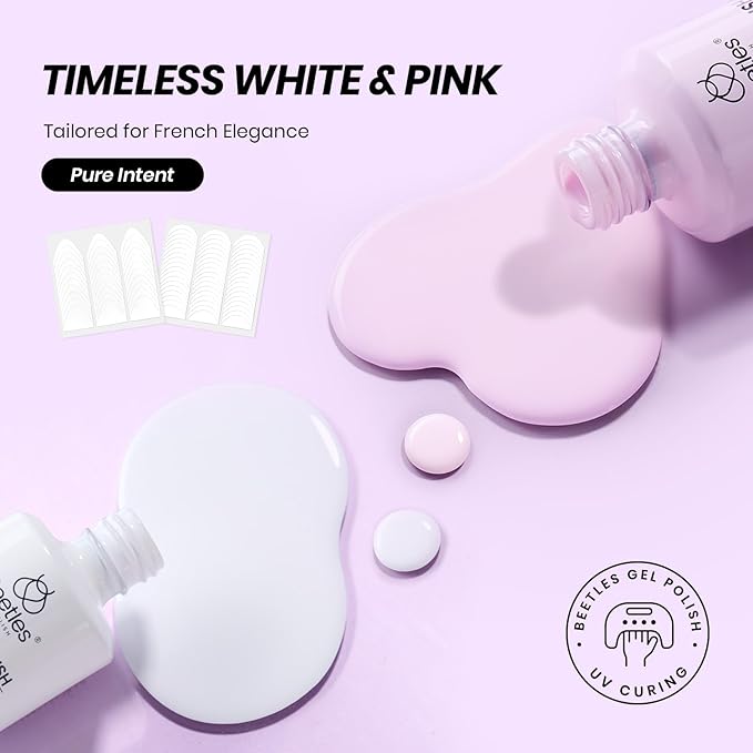 Beetles French Tip Gel Polish Set - Spring White Pink Gel Nail Polish Set 15ML Full Size Soak Off UV LED with 2 Styles Classic French Nail Art Sticker Sheets Manicure DIY Home Salon Gifts for Women