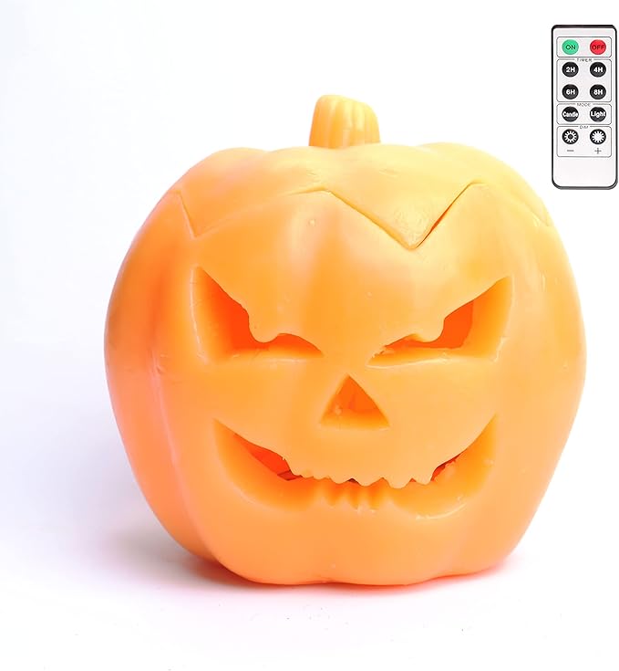Halloween LED Jack-O-Lantern Pumpkin Lights Battery Operated, Scary Orang Pumpkin Halloween Flameless Flickering Real Wax Candle with Remote for Halloween Home Table Decoration（6'' Height
