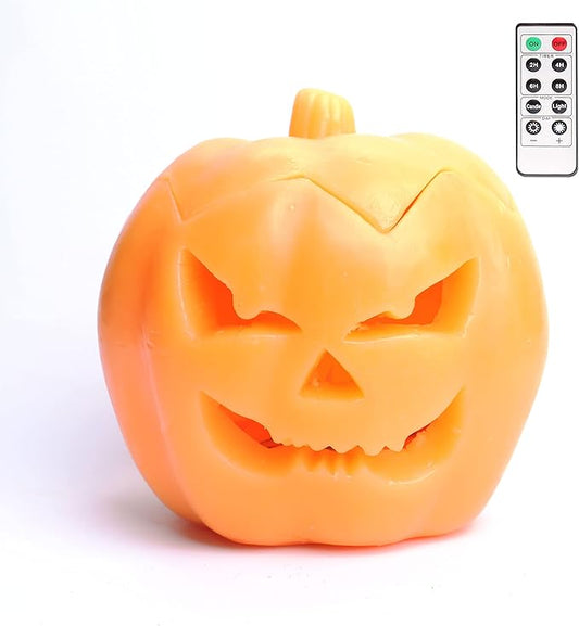 Halloween LED Jack-O-Lantern Pumpkin Lights Battery Operated, Scary Orang Pumpkin Halloween Flameless Flickering Real Wax Candle with Remote for Halloween Home Table Decoration（6'' Height