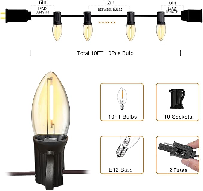 10FT C7 Christmas Lights, Warm White LED Indoor Outdoor String Lights for Halloween, Xmas Tree, Window, Door, Party Decor, Plug in with Green Wire