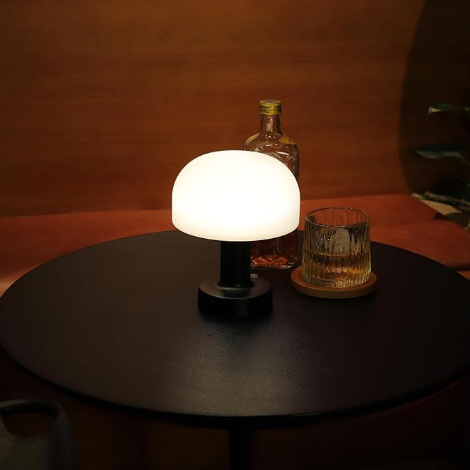 Small Mushroom Table Lamp, Cordless Night Light with 2600mAh Rechargeable Battery, Stepless Dimming Desk Lamp with 3 Colors for Bedroom/Patio/Living Room (Black-1)