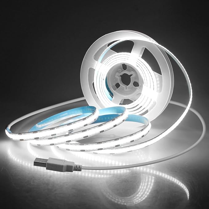 Aclorol USB COB LED Strip Lights for TV 5V USB Powered LED Tape Lights Daylight White 6.56FT 320Leds/M 6000K COB Flexible Light Strip TV Led Backlight for Bedroom Under Cabinet Kitchen DIY 400LM/m