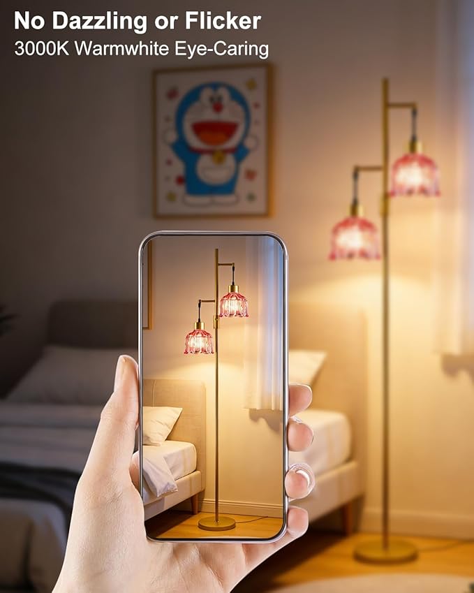 2-Light Gold Floor Lamp for Living Room, 65IN Tall Standing Lamps Dimmable with Rose Red Glass Lampshade, 3000K Warmwhite Mid Century Modern Floor Lamp for Bedroom/Office/Corner/Sofa Beside