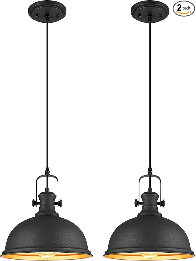 2-Pack Pendant Lights Kitchen Island, Farmhouse Hanging Lights Fixtures with Metal Shade, Rustic Kitchen Pendant Lighting Over Island for Dining Room, Matte Black, AD-2151-1P2L-BK