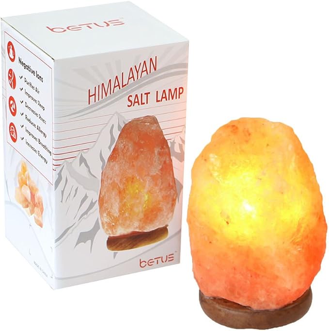 Betus [Natural Crystal Himalaya Salt Lamp Hand Carved on Wood Base with Dimmable Cord and Light Bulb - 8 to 9 Inches Height, 8 to 11 Pounds