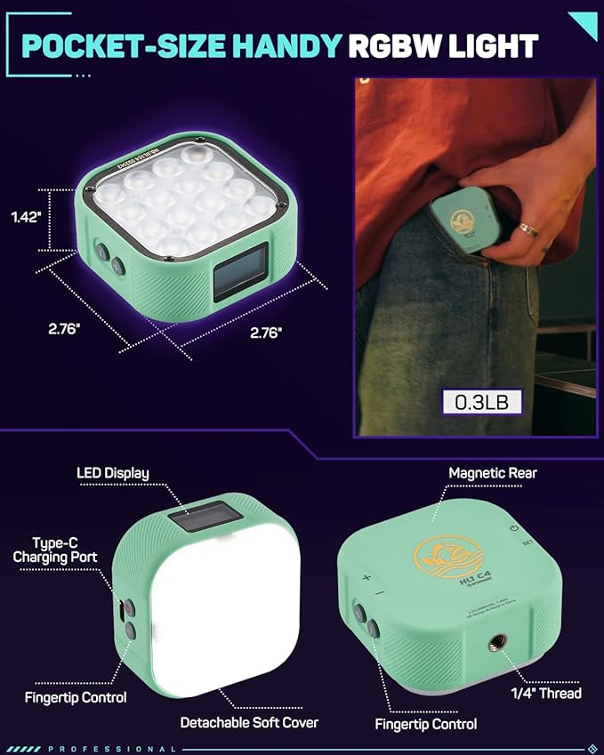 IFOOTAGE RGBW Video Light, Portable RGB Camera Light, 2700K-10000K/CRI 95+/120 mins Battery Life/Rechargeble/APP Control/Magnetic, Camera LED Light for Vlogging/Live Streaming/Photography, C4 Purple