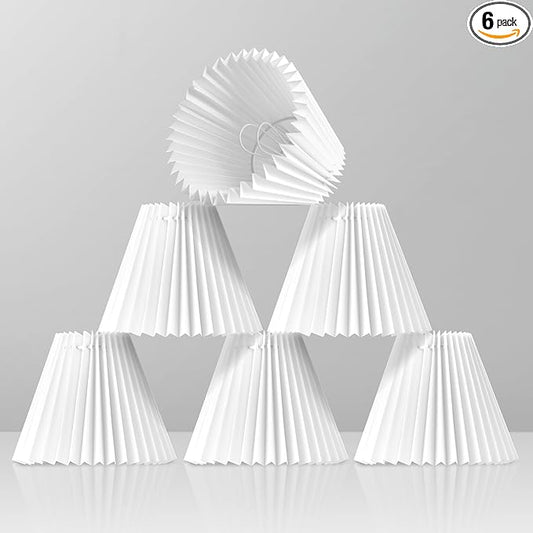 6 Pack White Pleated Chandelier Shades, 3" Top x 6" Bottom x 5" High, 3.0x6.0x5.0 Inches Fabric Lampshade, Perfect Covers for 6-Light Pendant Light or Wall Sconce, Clip On Bulb E12 Socket(Small Size)