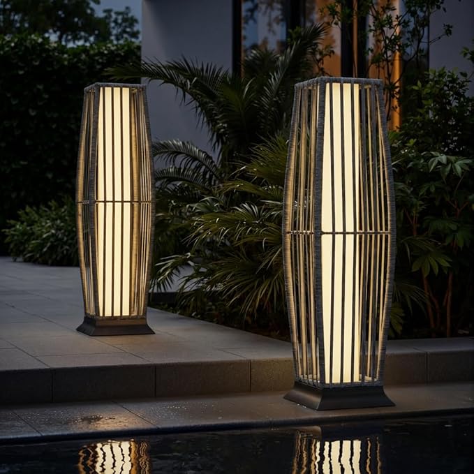 Rattan Outdoor Floor Lamp Set of 2, Boho Solar Porch Lights Outdoor Waterproof for Patio, Garden, Balcony & Deck, Gray (Vertical)