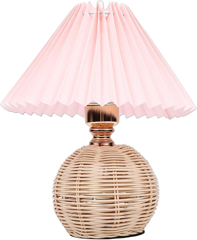 Hyuduo Pleated Table Lamp, Soft Yellow Light with Linen Lampshade and Rattan Base Bedside Lamp for Bedroom Nightstand, 10 Inch Shade 15 Inch Height Warm Glow Accent Light, Ideal for (Pink)