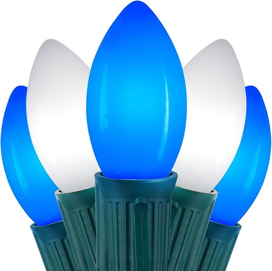 Vintage C9 LED Christmas Lights Outdoor, 100 Feet C9 String Lights with 50 Shatterproof C9 Bulbs, Waterproof Connectable Christmas Tree Lights for Outside Roofline Patio Xmas Decor, Blue & Pure White