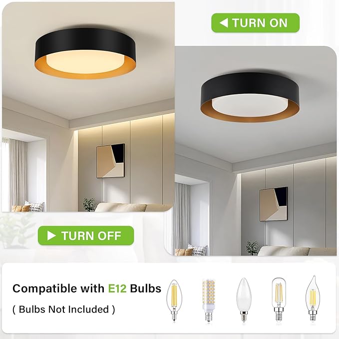 Modern Black and Gold Flush Mount Ceiling Lights, 16.5" Minimalist Glass Round Ceiling Lighting, Drum Close to Ceiling Light Fixtures for Living Room, Bedroom, Dining Room, Kitchen, Hallways