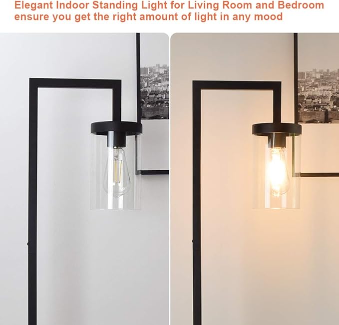 Depuley Industrial Floor Lamp, Modern Metal Standing Lamp with Hanging Glass Shade, Rustic Farmhouse Tall Pole Reading Lighting for Living Room Bedroom Office, 8W LED E26 Bulb Included, Black