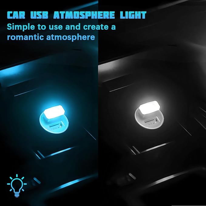 4PCS/Set USB LED Car Interior Atmosphere Lamp, Portable Mini Vehicle LED Night Light, Plug-in USB Interface Automotive Interior Ambient Lighting Kit Accessories, Universal Fit (White+Ice Blue)