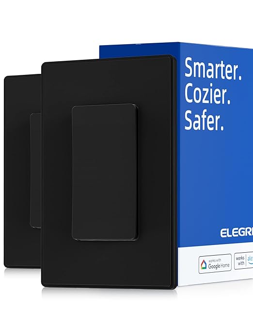 ELEGRP Smart Light Switch, 2.4GHz Wi-Fi Light Switch Compatible with Alexa & Google Assistant, Neutral Wire Required, APP Control and Timer Schedule, UL Certified, Single Pole/3 Way, Black, 2 Pack